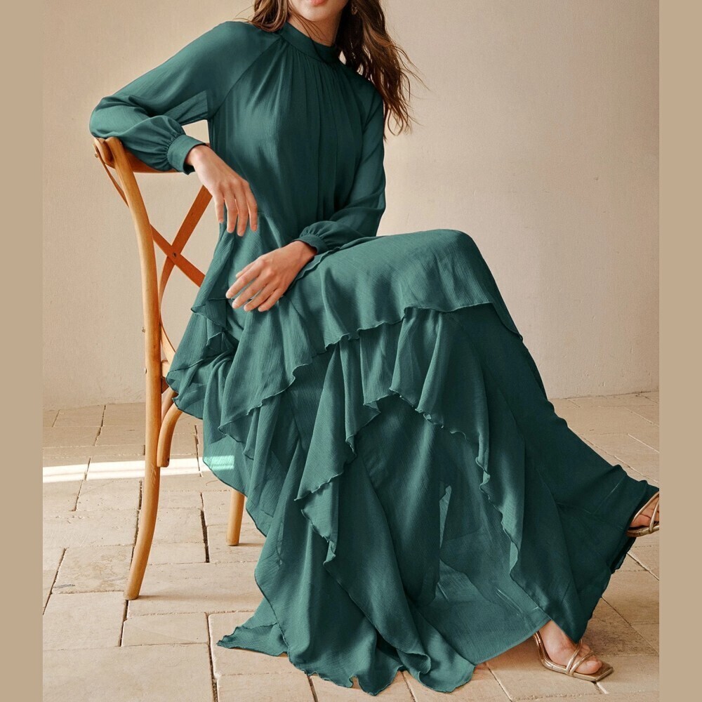 Teal Green Tiered Ruffle Stand Collar Long Sleeve Maxi Dress